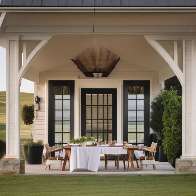 A minimalist alfresco dining setup at a quaint country home, stunningly placed against a lush, rolling hills backdrop. The composition emphasizes the elegance of simplicity in the decor and the captivating beauty of rural architecture.