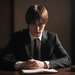 Light Yagami, the protagonist from 'Death Note', sitting pensively at his desk with notebook in hand, bathed in intense, atmospheric light