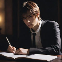 Light Yagami, the protagonist from 'Death Note', sitting pensively at his desk with notebook in hand, bathed in intense, atmospheric light