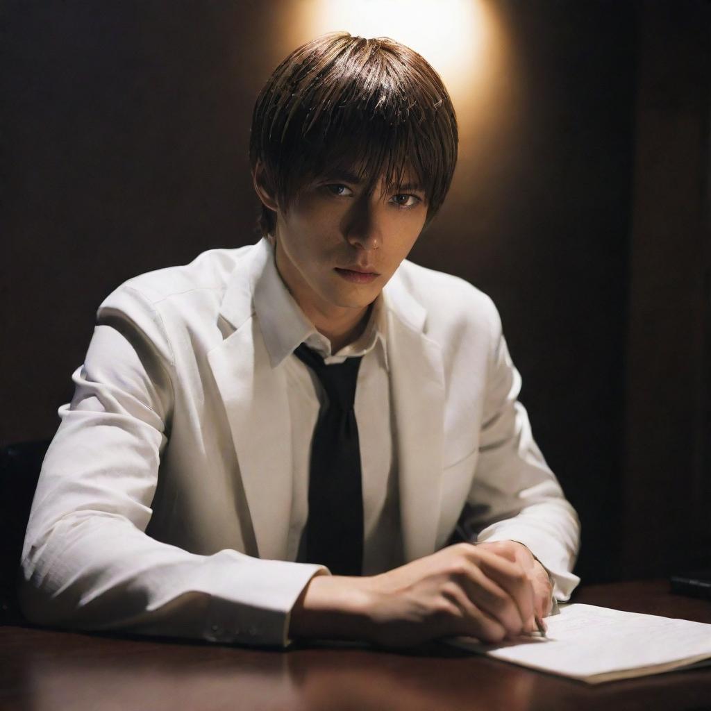 Light Yagami, the protagonist from 'Death Note', sitting pensively at his desk with notebook in hand, bathed in intense, atmospheric light