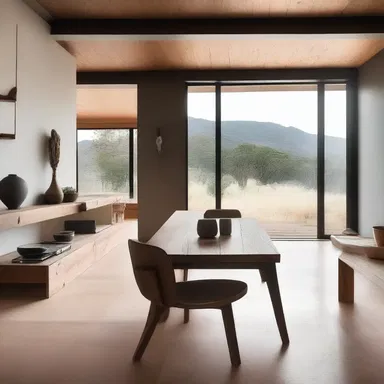 The swarthy wooden furniture gives a rustic and earthy vibe to the modern minimalist house.