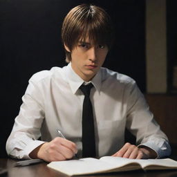 Light Yagami, the protagonist from 'Death Note', sitting pensively at his desk with notebook in hand, bathed in intense, atmospheric light