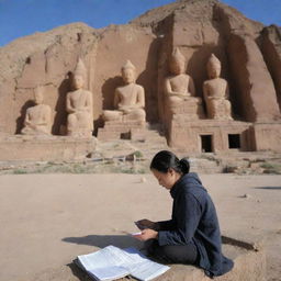 A Hazara girl studying earnestly in front of the historic Buddhas of Bamiyan, Salsal and Shamama, in Afghanistan, symbolizing a fusion of cultural heritage, education, and powerful femininity.