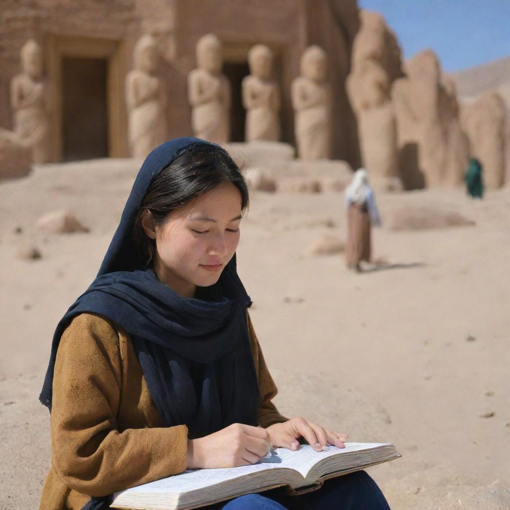 A Hazara girl studying earnestly in front of the historic Buddhas of Bamiyan, Salsal and Shamama, in Afghanistan, symbolizing a fusion of cultural heritage, education, and powerful femininity.