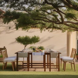 A minimalist alfresco dining setup at a quaint country home, stunningly placed against a lush, rolling hills backdrop. The composition emphasizes the elegance of simplicity in the decor and the captivating beauty of rural architecture.