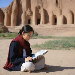 A Hazara girl studying earnestly in front of the historic Buddhas of Bamiyan, Salsal and Shamama, in Afghanistan, symbolizing a fusion of cultural heritage, education, and powerful femininity.