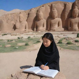 A Hazara girl studying earnestly in front of the historic Buddhas of Bamiyan, Salsal and Shamama, in Afghanistan, symbolizing a fusion of cultural heritage, education, and powerful femininity.