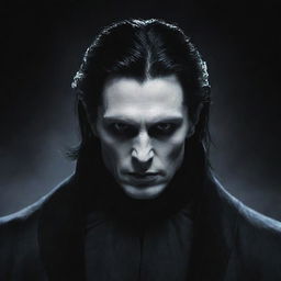 Illustrate an image of a handsome dark lord with pale skin, black eyes, and black hair, giving off a powerful and menacing aura.