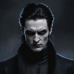 Illustrate an image of a handsome dark lord with pale skin, black eyes, and black hair, giving off a powerful and menacing aura.