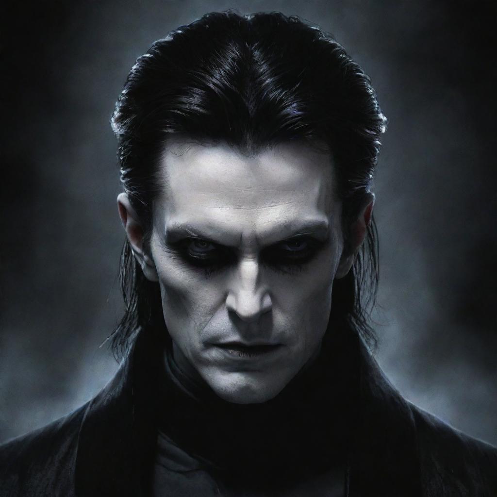 Illustrate an image of a handsome dark lord with pale skin, black eyes, and black hair, giving off a powerful and menacing aura.