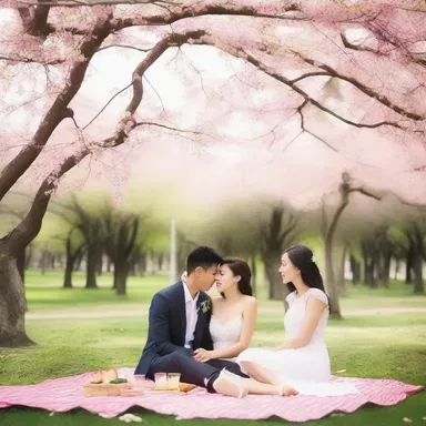 Underneath the blooming pichi flowers, the couple shared a romantic picnic in the park.