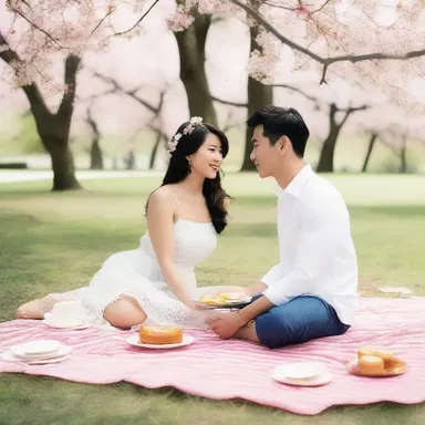 Underneath the blooming pichi flowers, the couple shared a romantic picnic in the park.
