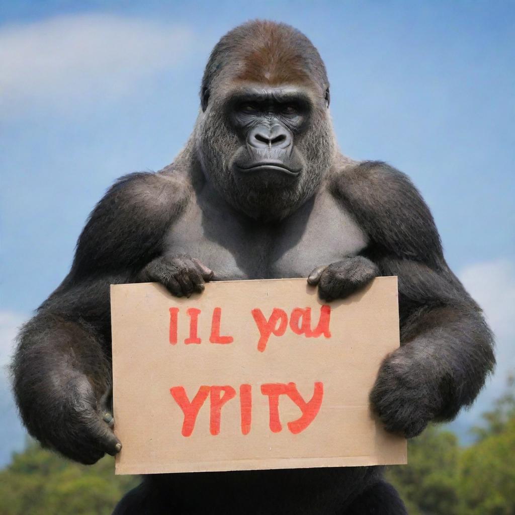 A gentle, large gorilla holding a signboard that reads 'I Love You Aries.',