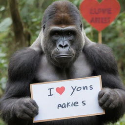 A gentle, large gorilla holding a signboard that reads 'I Love You Aries.',