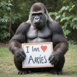 A gentle, large gorilla holding a signboard that reads 'I Love You Aries.',