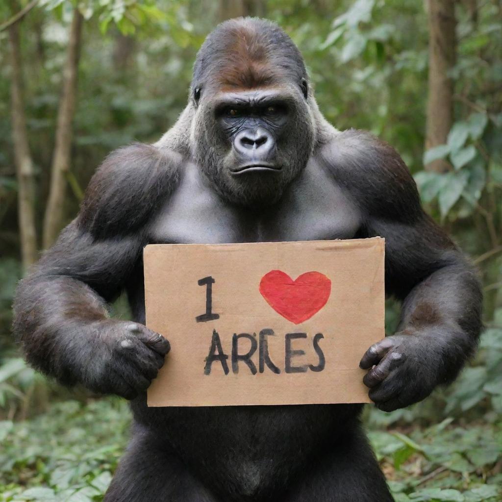 A gentle, large gorilla holding a signboard that reads 'I Love You Aries.',