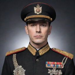 Create an image of a handsome general with pale skin, black eyes, and black hair, adorned in a regally decorated military uniform, exuding a commanding authority.