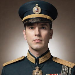 Create an image of a handsome general with pale skin, black eyes, and black hair, adorned in a regally decorated military uniform, exuding a commanding authority.