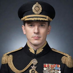 Create an image of a handsome general with pale skin, black eyes, and black hair, adorned in a regally decorated military uniform, exuding a commanding authority.