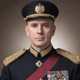 Create an image of a handsome general with pale skin, black eyes, and black hair, adorned in a regally decorated military uniform, exuding a commanding authority.