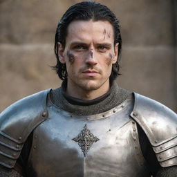 Illustrate a handsome, scar-covered medieval general with pale skin, black eyes, and black hair, wearing armor and displaying visible battle scars that tell a story of many victorious battles.