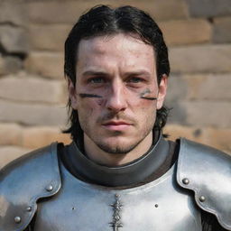 Illustrate a handsome, scar-covered medieval general with pale skin, black eyes, and black hair, wearing armor and displaying visible battle scars that tell a story of many victorious battles.