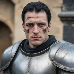 Illustrate a handsome, scar-covered medieval general with pale skin, black eyes, and black hair, wearing armor and displaying visible battle scars that tell a story of many victorious battles.