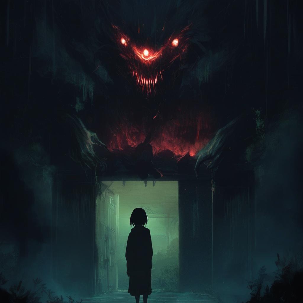 Further darken the anime poster to make it utterly terrifying, symbolizing the darkest depths of the human psyche. Use elements such as shadowy figures, distorted realities, and haunting visuals for a genuine horror vibe.