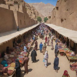 A lively view of a bustling bazaar in the Bamiyan Province of Afghanistan, filled with local traders, colorful goods, traditional textiles and a vibrant cultural vibe