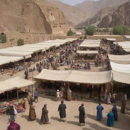 A lively view of a bustling bazaar in the Bamiyan Province of Afghanistan, filled with local traders, colorful goods, traditional textiles and a vibrant cultural vibe