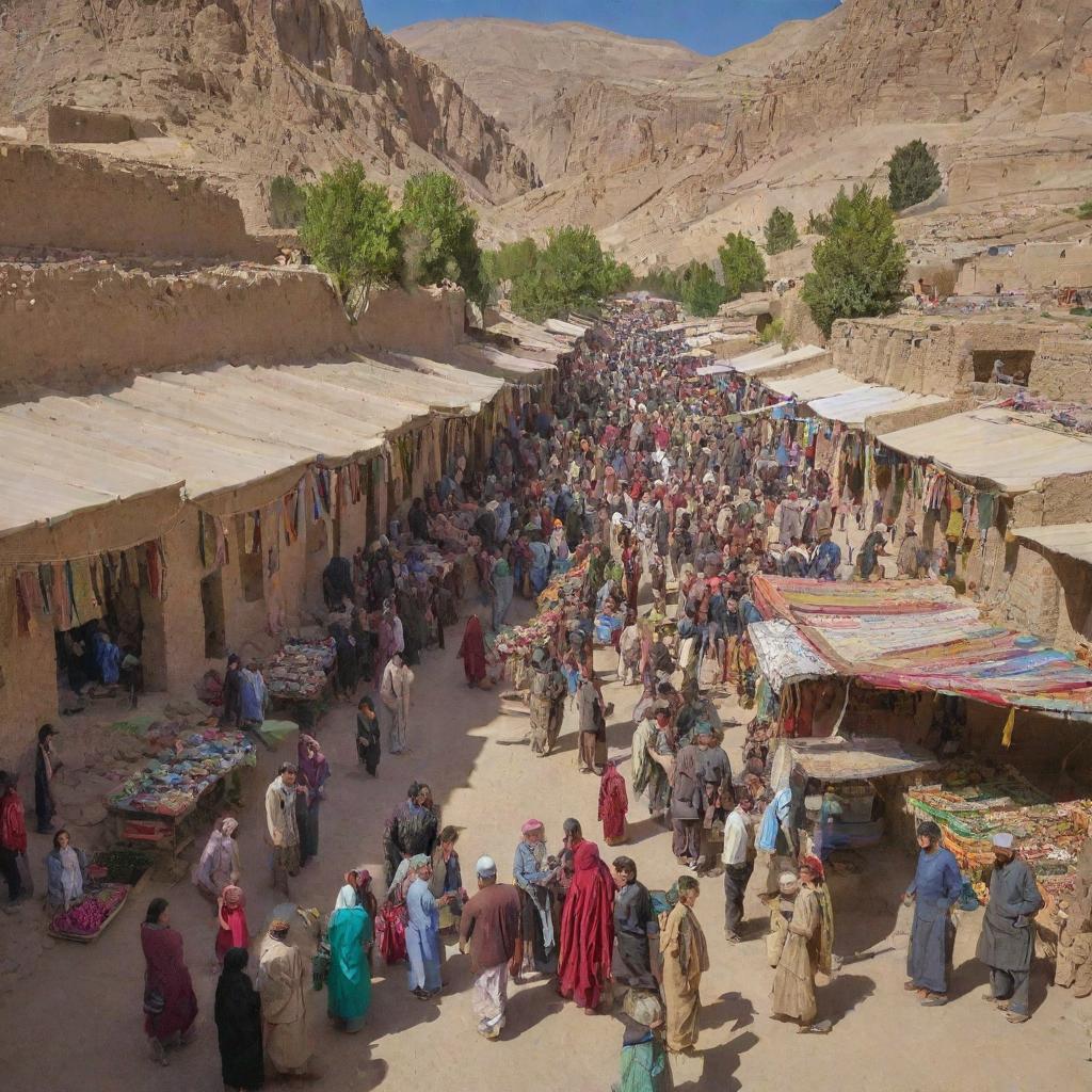 A lively view of a bustling bazaar in the Bamiyan Province of Afghanistan, filled with local traders, colorful goods, traditional textiles and a vibrant cultural vibe