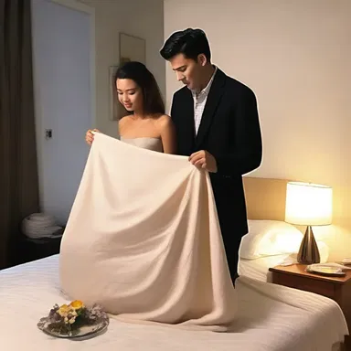 In a romantic gesture, he slowly lifted the blanket to disclose the surprise dinner he had prepared.