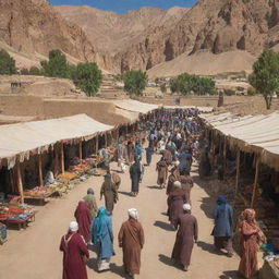 A lively view of a bustling bazaar in the Bamiyan Province of Afghanistan, filled with local traders, colorful goods, traditional textiles and a vibrant cultural vibe