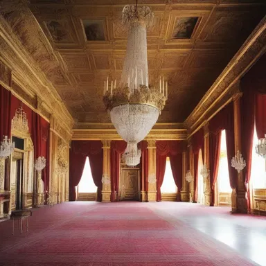 The grand ballroom of the palace was decorated with luxurious regalia, including chandeliers and intricate tapestries.
