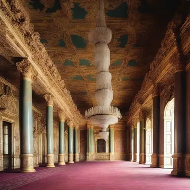 The grand ballroom of the palace was decorated with luxurious regalia, including chandeliers and intricate tapestries.