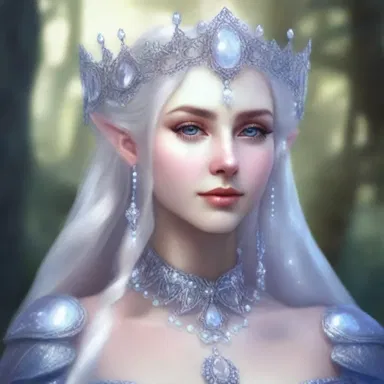 The elf queen was dressed in regalia crafted from silver and moonstones, reflecting her ethereal beauty.