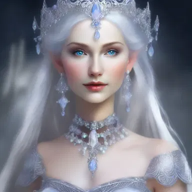 The elf queen was dressed in regalia crafted from silver and moonstones, reflecting her ethereal beauty.