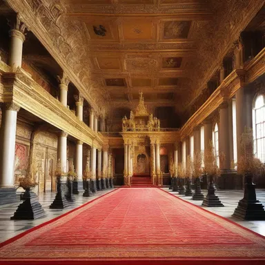 The grand hall was adorned with golden regalia, including thrones and tapestries, giving it a majestic appearance.