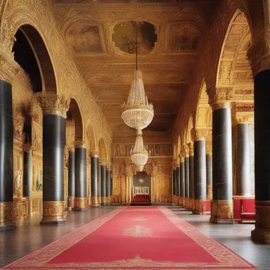 The grand hall was adorned with golden regalia, including thrones and tapestries, giving it a majestic appearance.