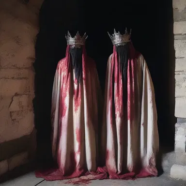 The haunted castle was filled with eerie regalia, such as ghostly crowns and blood-stained robes, creating a chilling atmosphere for visitors.