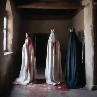 The haunted castle was filled with eerie regalia, such as ghostly crowns and blood-stained robes, creating a chilling atmosphere for visitors.