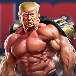 Modify the caricature of Donald Trump, making his muscular physique even more exaggerated and prominent.