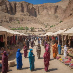 A vibrant bazaar in the Bamiyan province near to the historic Buddha statues, Afghanistan. Showcasing bustling activity, array of colorful goods, the local culture, and the shadowed visage of the Buddha statues in the background.