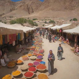 A vibrant bazaar in the Bamiyan province near to the historic Buddha statues, Afghanistan. Showcasing bustling activity, array of colorful goods, the local culture, and the shadowed visage of the Buddha statues in the background.