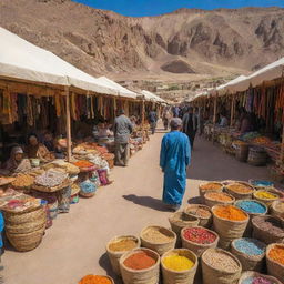 A vibrant bazaar in the Bamiyan province near to the historic Buddha statues, Afghanistan. Showcasing bustling activity, array of colorful goods, the local culture, and the shadowed visage of the Buddha statues in the background.