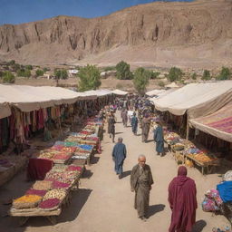 A vibrant bazaar in the Bamiyan province near to the historic Buddha statues, Afghanistan. Showcasing bustling activity, array of colorful goods, the local culture, and the shadowed visage of the Buddha statues in the background.