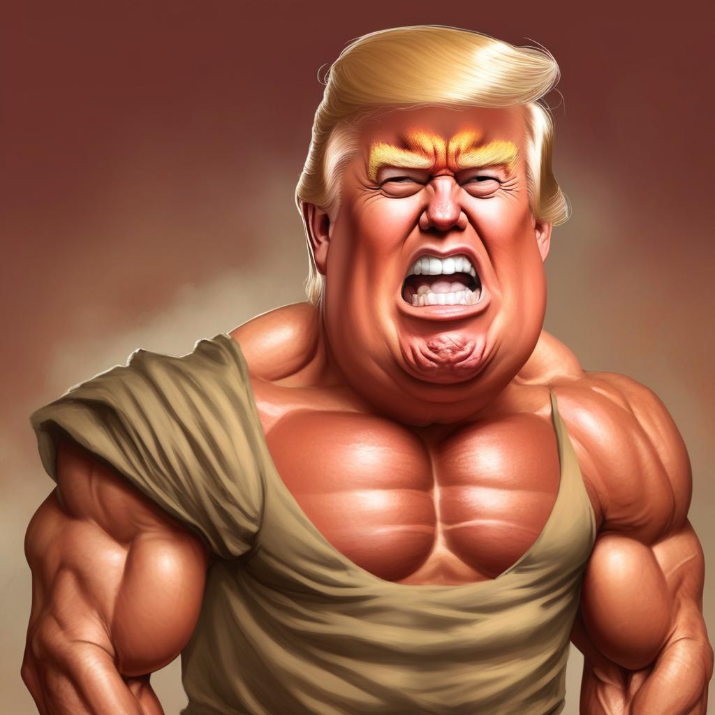 Modify the caricature of Donald Trump, making his muscular physique even more exaggerated and prominent.