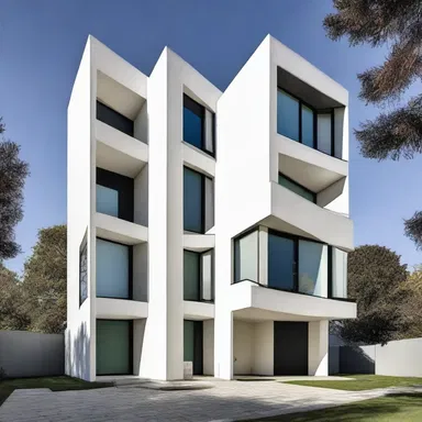 The modernist building design confronts the viewer with its bold lines and geometric shapes.