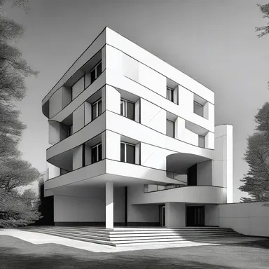 The modernist building design confronts the viewer with its bold lines and geometric shapes.