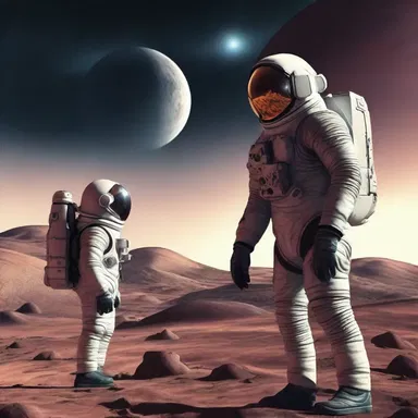 The astronaut confronts an alien species on a distant planet.